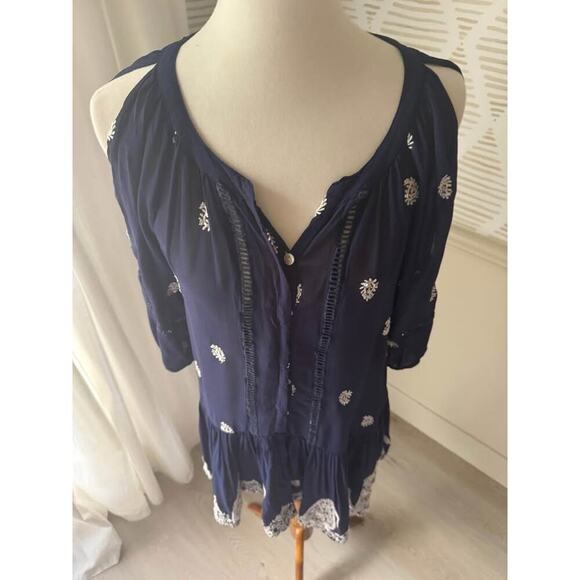 Miss June Sheer Women’s Small Navy Blue & White Embroidered Sheer Mini Dress - Picture 6 of 6